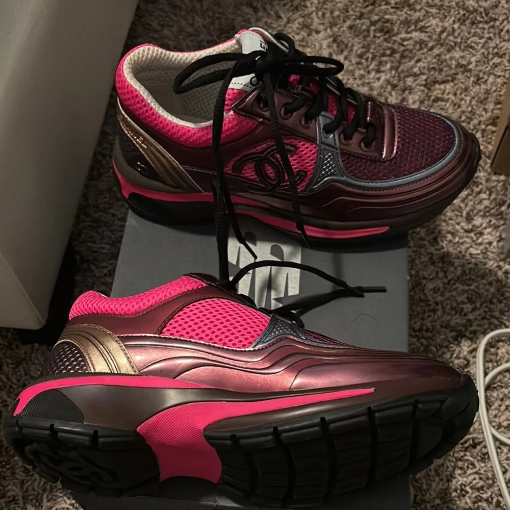 Chanel Women's Pink and Brown Sneakers - Picture 3 of 3